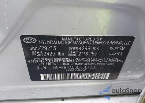 2013 Hyundai Sonata Gls z USA, uszkodzony, nr VIN 5NPEB4AC3DH684387